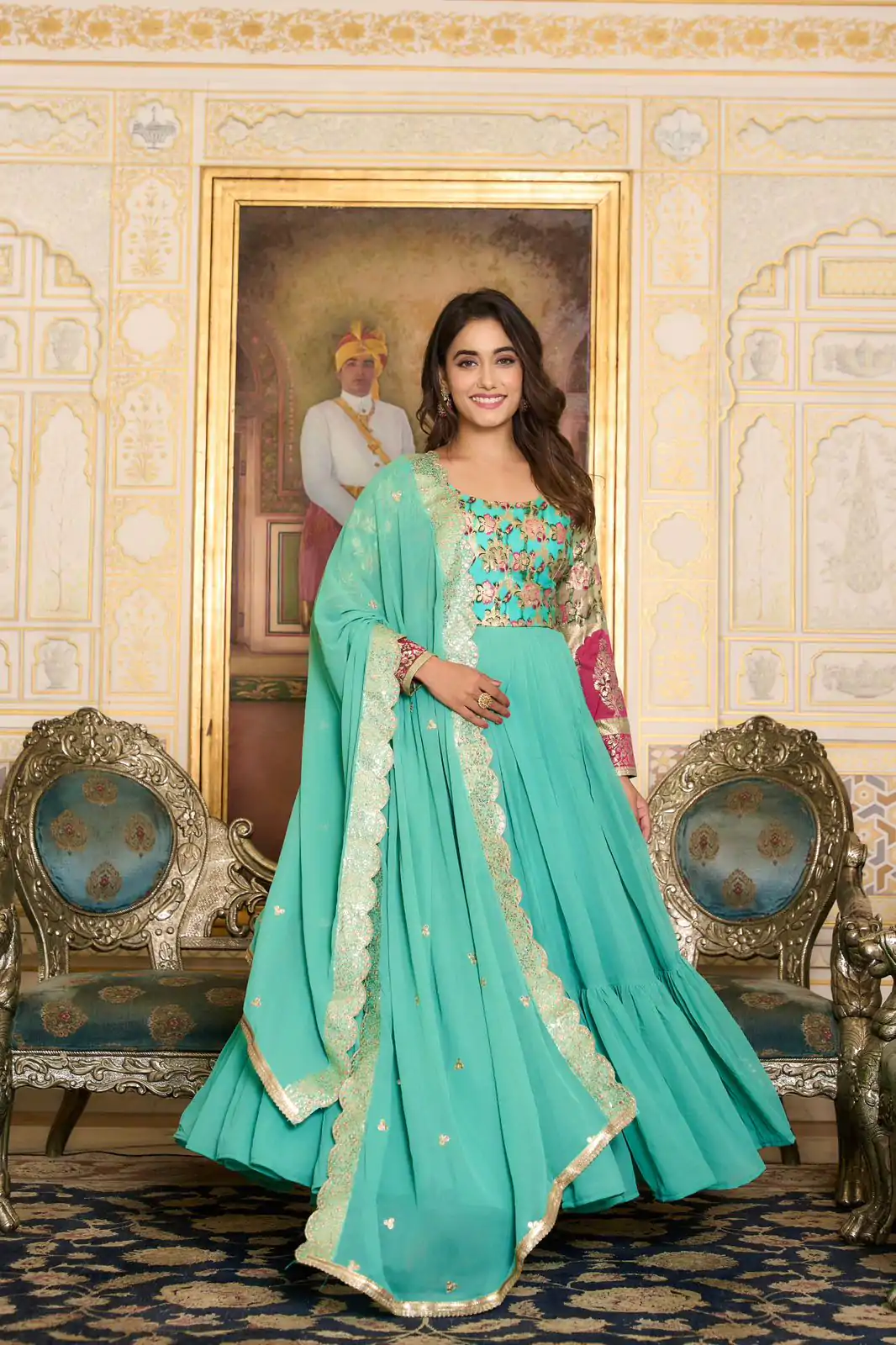  Ram 052 Sea Green Faux Color Fox Georgette Embroider Pure Zecard Work Gown Wedding Party, Festive, Events Etc.4-6 Working Days@2149/- only | Gowns, Bollywood Gowns, Creative Gowns, Designer Gowns, Embroidered Gowns, Party Wear Gowns, Straight Suits