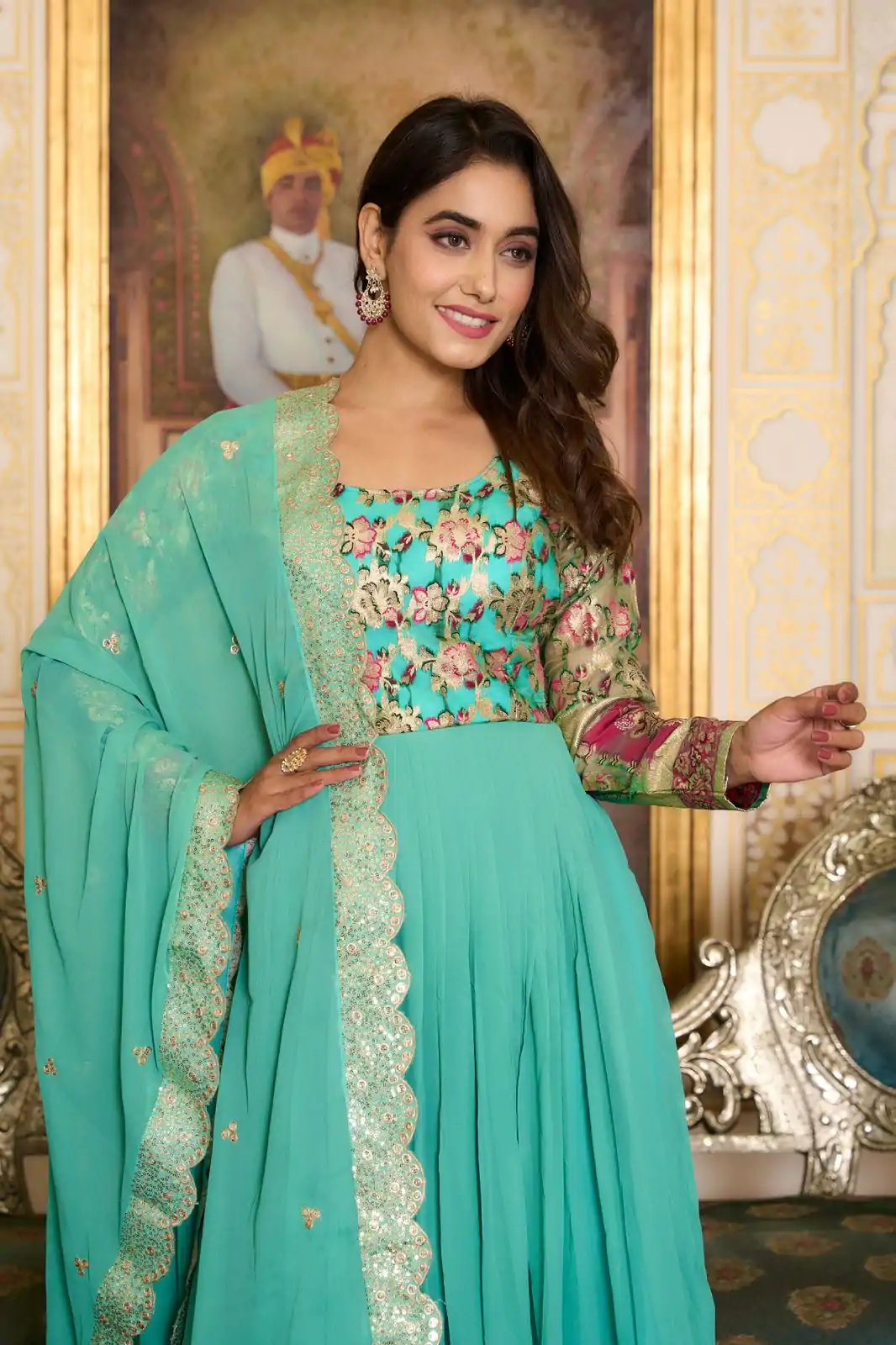  Ram 052 Sea Green Faux Color Fox Georgette Embroider Pure Zecard Work Gown Wedding Party, Festive, Events Etc.4-6 Working Days@2149/- only | Gowns, Bollywood Gowns, Creative Gowns, Designer Gowns, Embroidered Gowns, Party Wear Gowns, Straight Suits