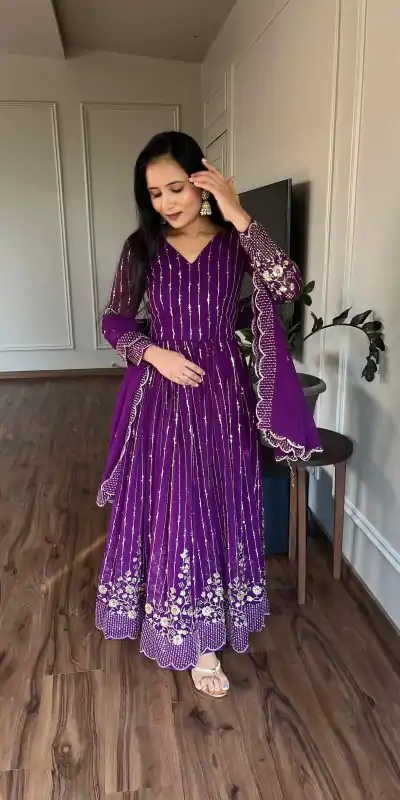Women's Purple Color Fox Georgette sequence Embroidery Work With Gown