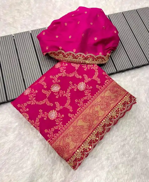 Amazing Pink Color Jacquard Weaving With Embroidery Cording Lace Saree