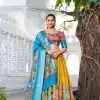 Amazing Sky Blue Color Dola Silk Kalamkari Print Zari Border Lehenga Choli