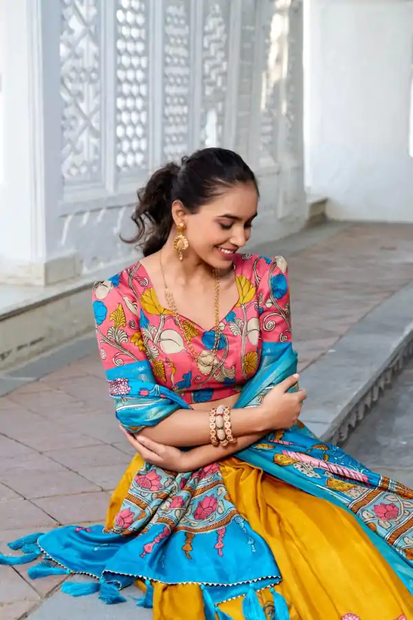 Sky Blue Dola Silk Print Zari Border Lehenga Choli - Image 2