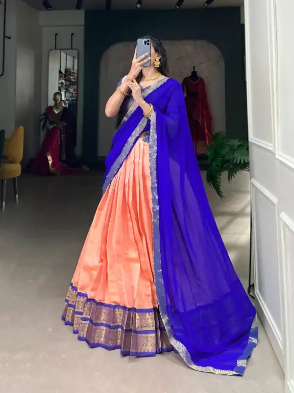 Beautiful Peach Color Kanchipuram Zari Weaving Work Lehenga Choli