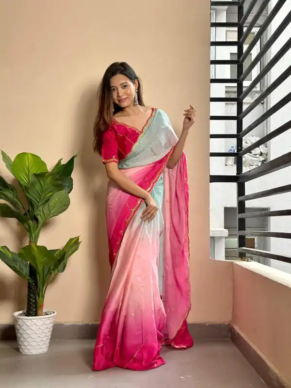 Beautiful Red Color Soft Georgette Satin With Digital Print Embroidery Work Saree