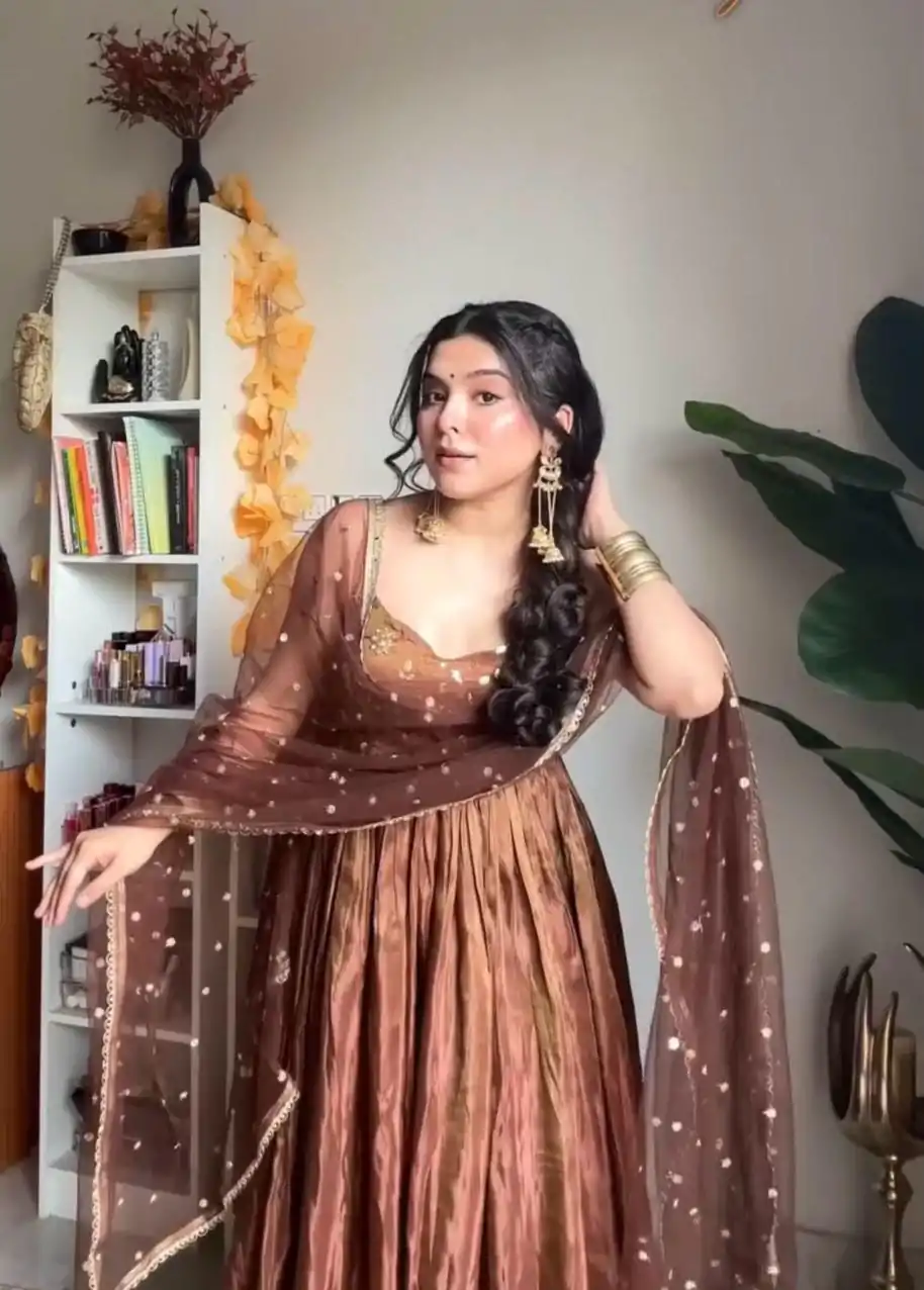 SRK 5239 Brown Color Fendi Silk With Embroidery Sequence Work Anarkali Gown Wedding Party, Festive, Events Etc.4-6 Working Days@1999/- only | Gowns, Bollywood Gowns, Creative Gowns, Designer Gowns, Embroidered Gowns, Party Wear Gowns, Straight Suits