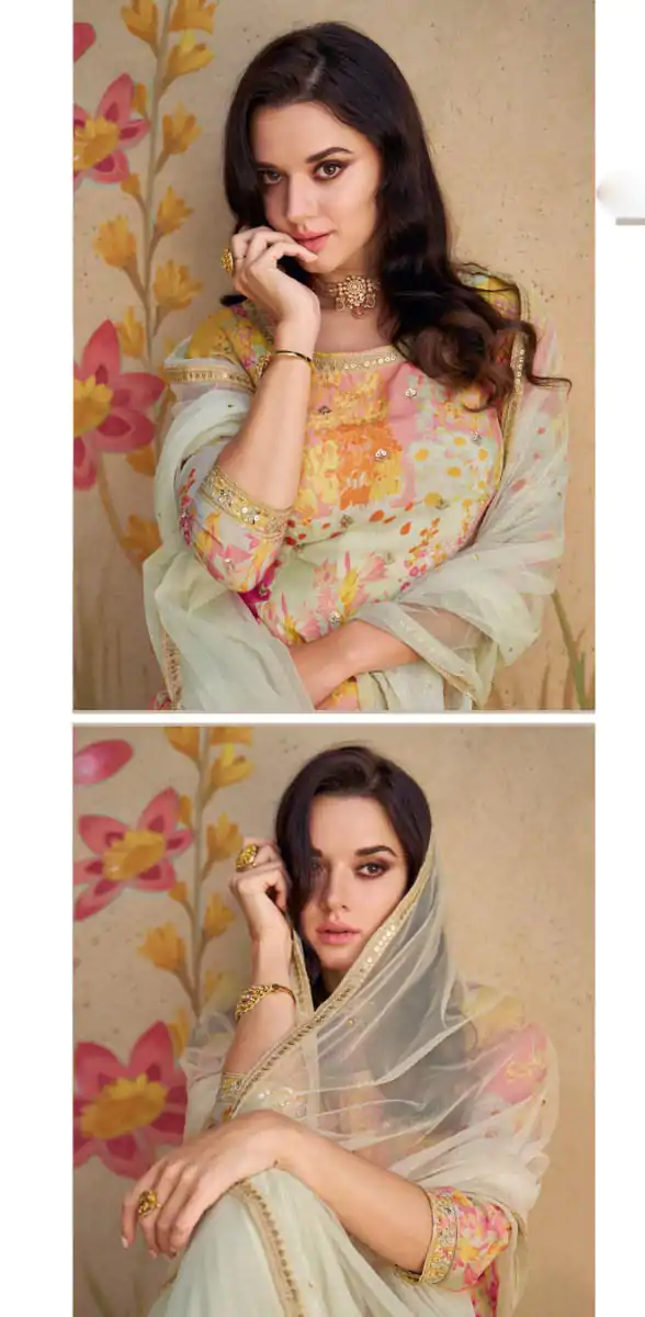 Cream Chinon Printed Embroidery Work Sharara Suit - Image 2