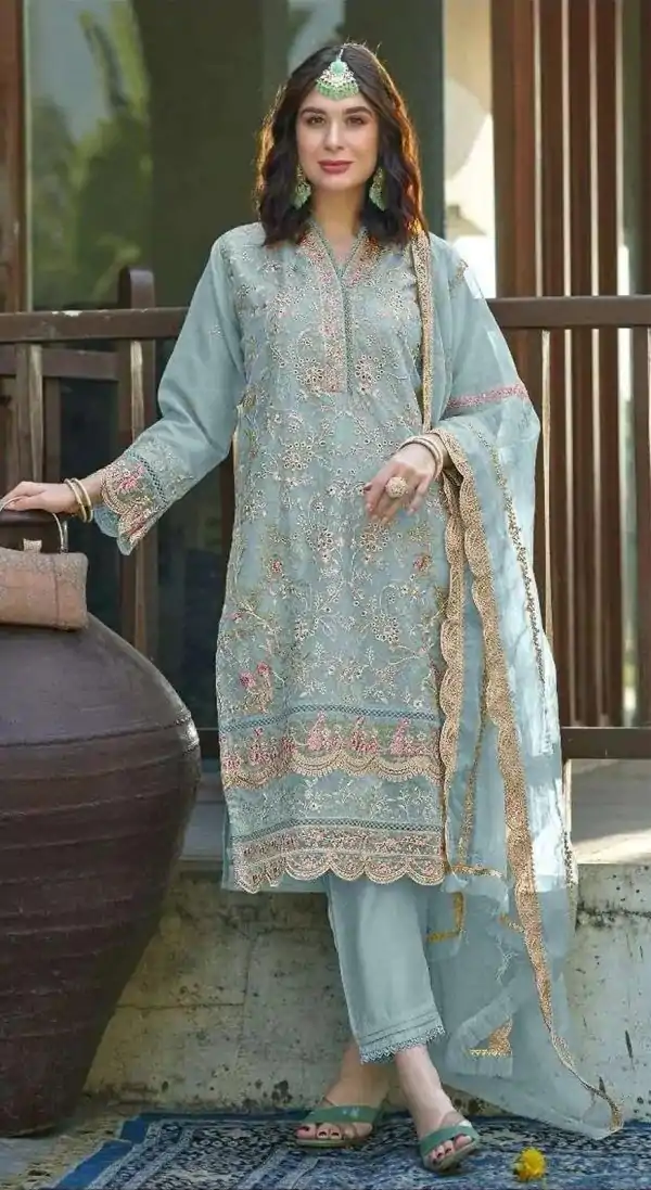 Fantastic Light Blue Color Organza With Embroidery Sequence Work Salwar Suit