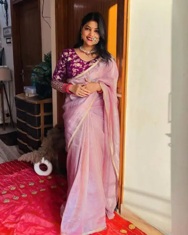 Gorgeous Light Pink Color Pure Tissue Crush Silk Fabric With Fancy Lace Saree
