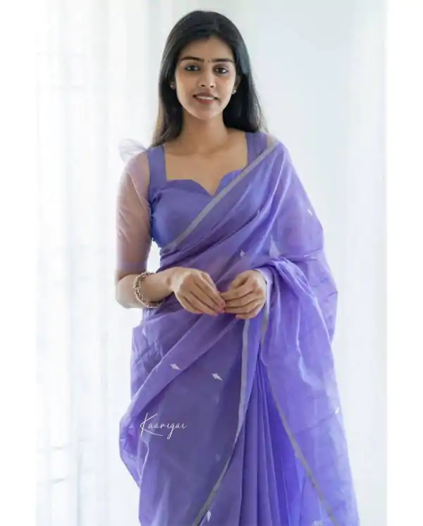 Purple Soft Lilan Cotton Pallu Jacquard Work Saree - Image 3