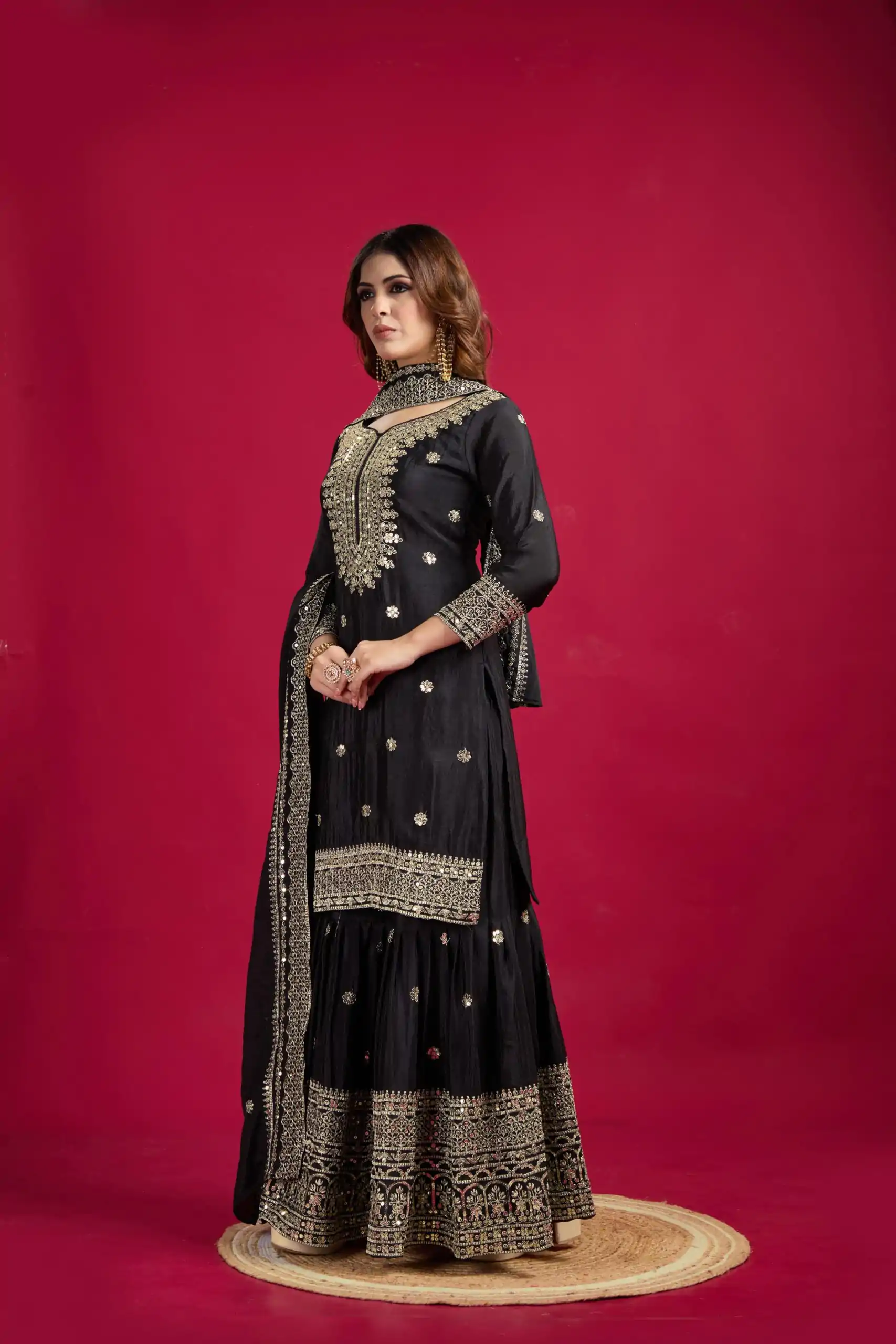 NSR-800 Black Color Chinnon Silk With Embroidery Work Sharara Suit Wedding, Party, Festive, Events Etc.  Expected Delivery 4-6 Working Days @2149/- | Jump Suits, Salwar suit, Casual Suits, Creative suits, Designer Suits, Palazzo Suits, Party Wear Suits, Patiala Suits, Straight Suits