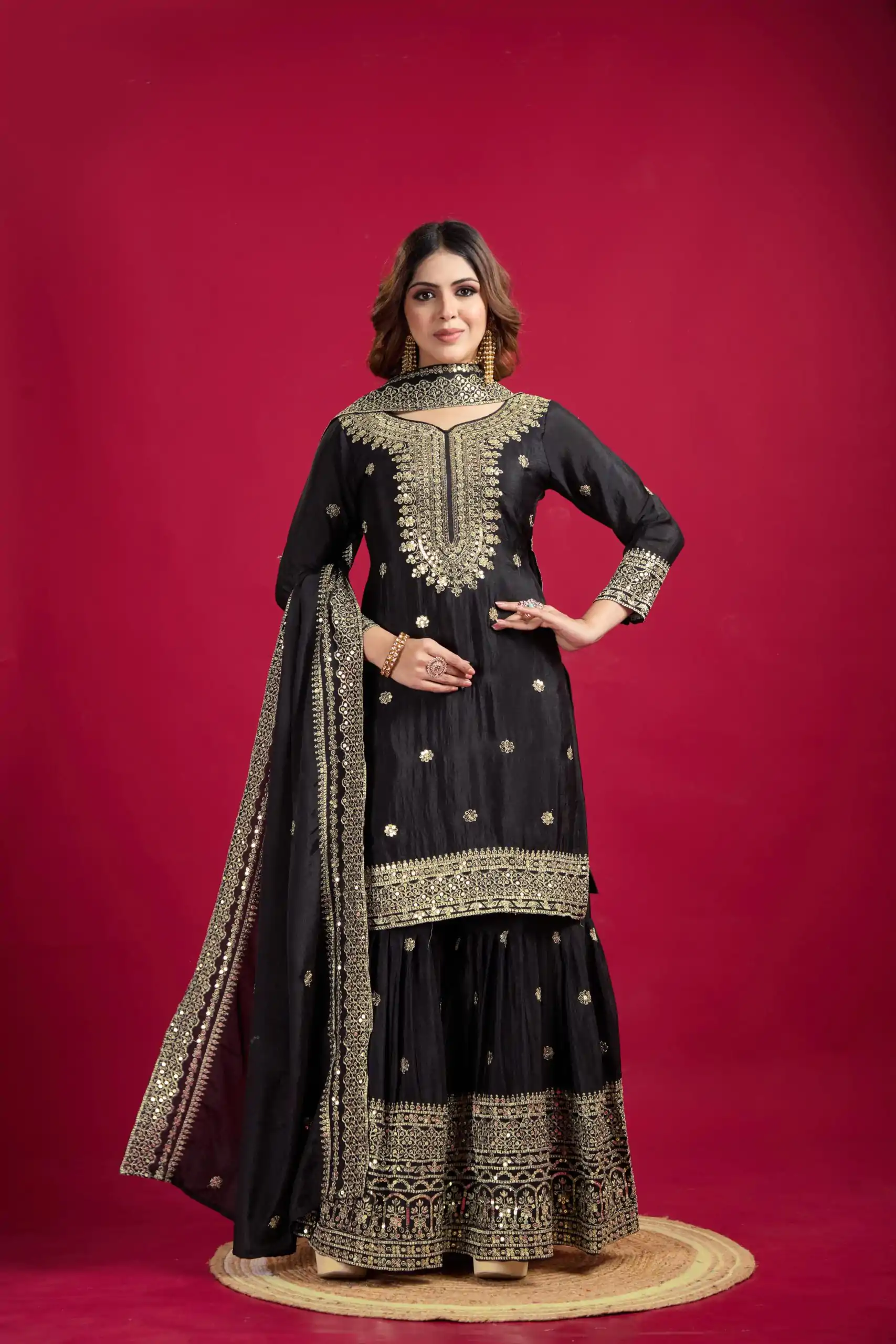 NSR-800 Black Color Chinnon Silk With Embroidery Work Sharara Suit Wedding, Party, Festive, Events Etc.  Expected Delivery 4-6 Working Days @2149/- | Jump Suits, Salwar suit, Casual Suits, Creative suits, Designer Suits, Palazzo Suits, Party Wear Suits, Patiala Suits, Straight Suits