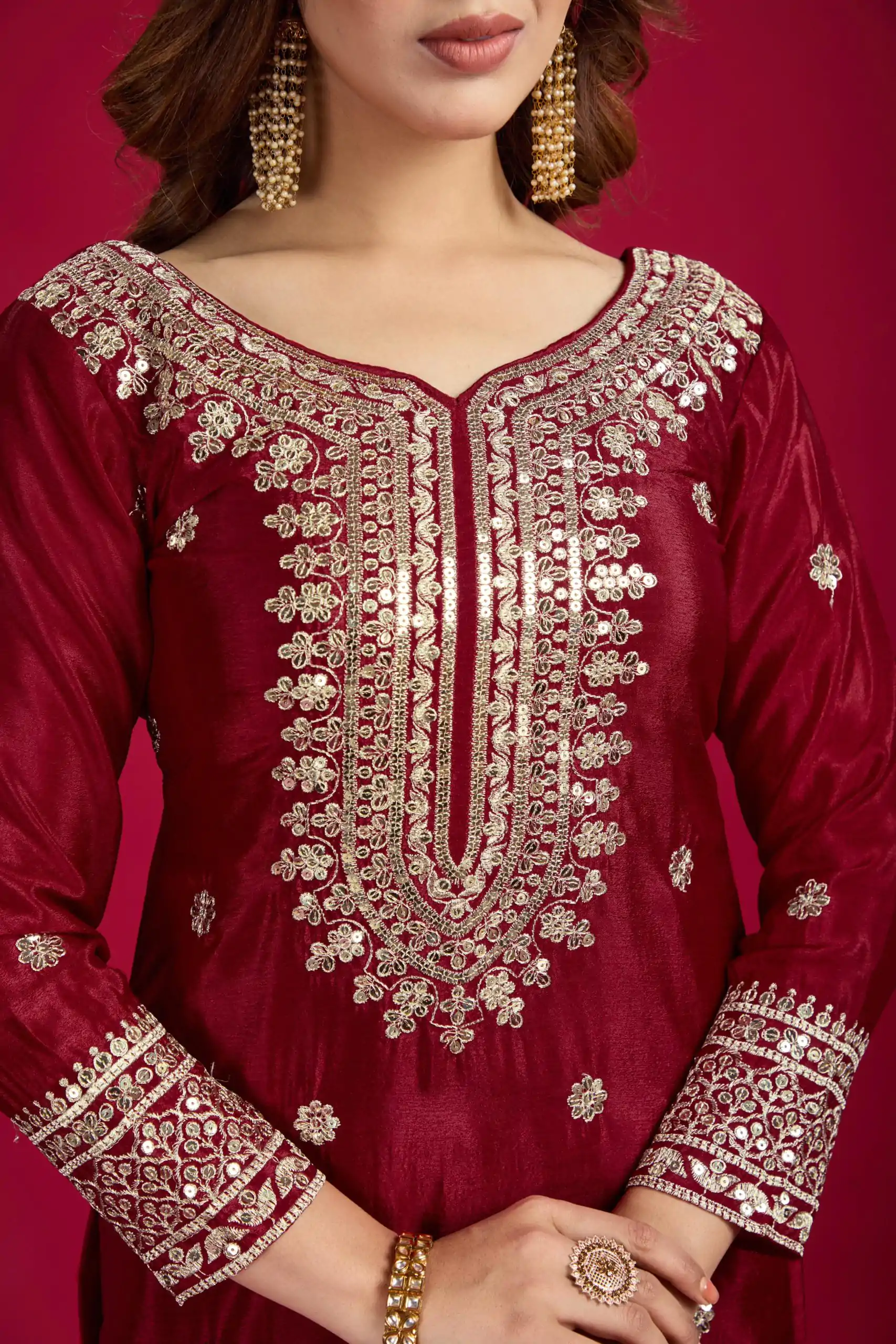NSR-800 Marron Color Chinnon Silk With Embroidery Work Sharara Suit Wedding, Party, Festive, Events Etc.  Expected Delivery 4-6 Working Days @2149/- | Jump Suits, Salwar suit, Casual Suits, Creative suits, Designer Suits, Palazzo Suits, Party Wear Suits, Patiala Suits, Straight Suits