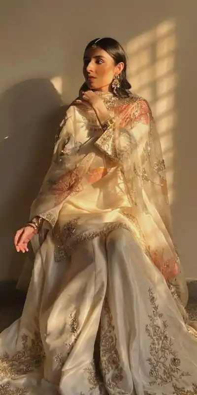 Graceful White Color Chinnon Silk With Embroidery Work Sharara Suit