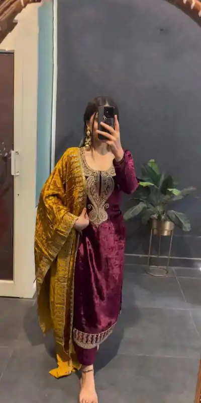 Magical Marron Color Velvet With Heavy Embroidery Sequence Salwar Suit