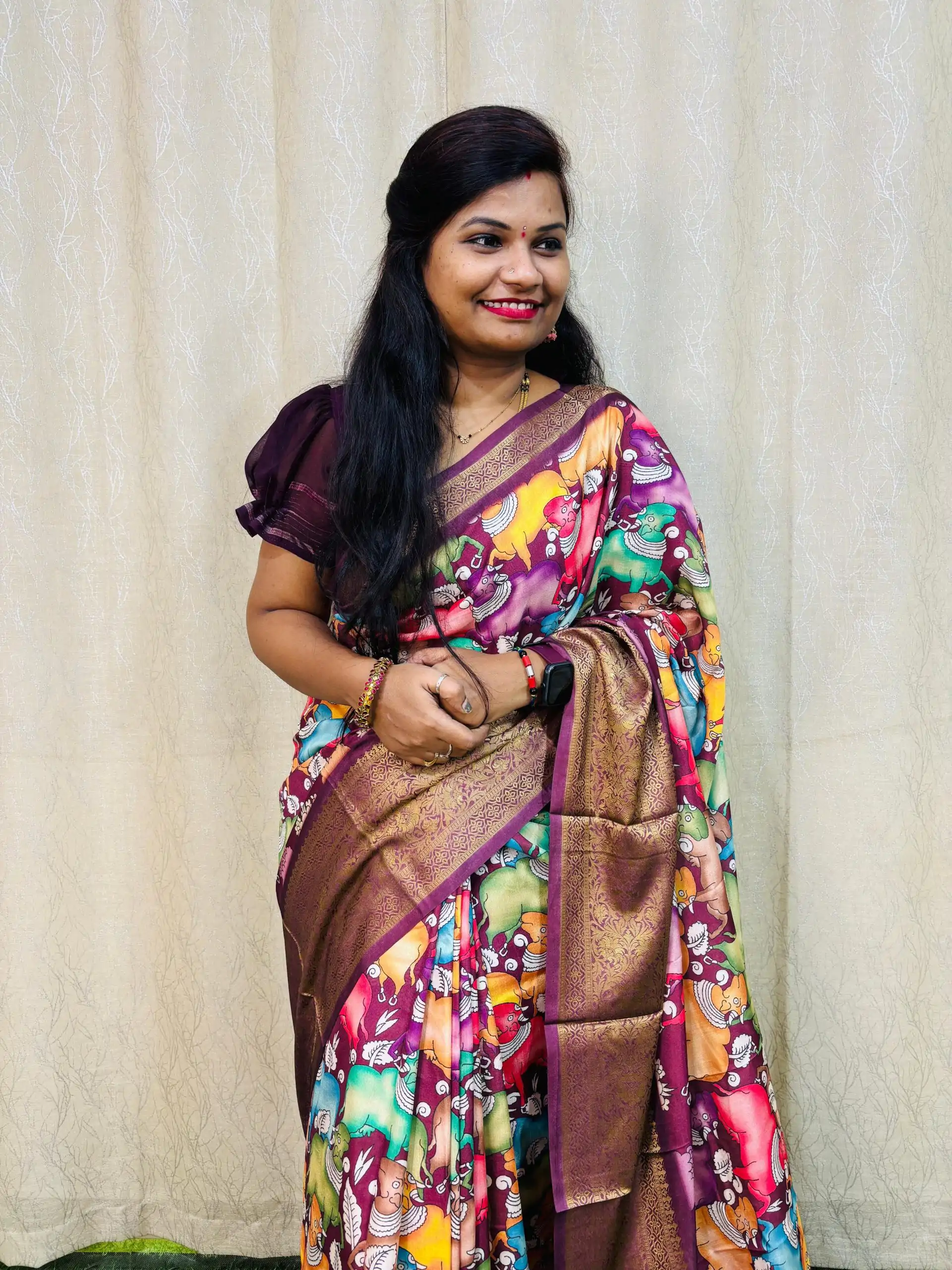 MS Kalamkari Purple Color Jacquard Dola Silk With Kalamkari Print Saree Casual, Wedding, Festive, Events . Expected Delivery  4-6 Working Days @1549/- only | Sarees, Bollywood Sarees, Creative Sarees, Designer Sarees, Embroidered Sarees, Ethnic Saree, Modern Digital sarees, Party Wear Sarees