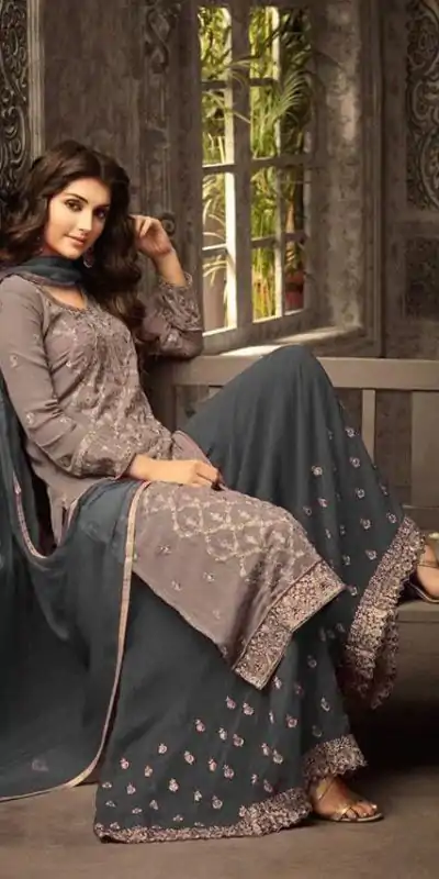 Pretty Grey Color Georgette With Embroidery work With Stone Salwar Suit