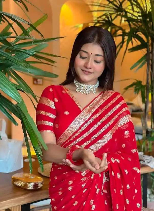 Red Viscose Georgette With Jacquard Zari Saree - Image 2