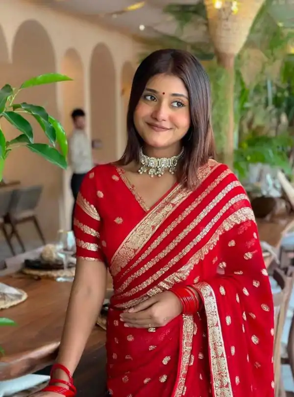 Red Viscose Georgette With Jacquard Zari Saree - Image 3