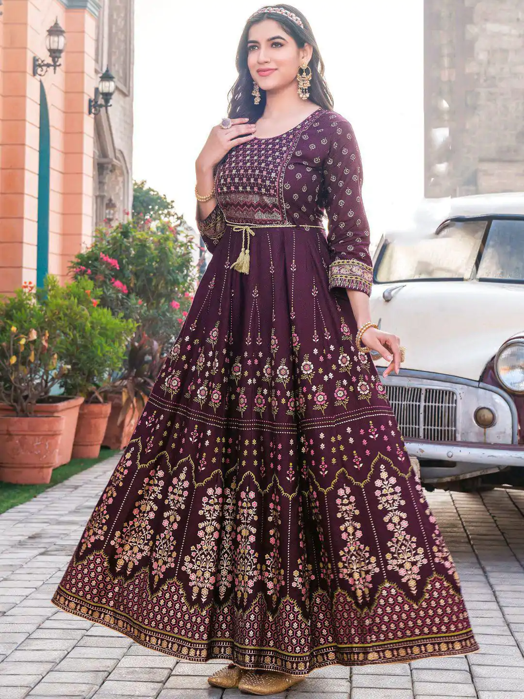  INLI Glam NX Marron Color Rayon Print Embroidery Work Long Anarkali Gown Wedding Party, Festive, Events Etc.4-6 Working Days@1699/- only | Gowns, Bollywood Gowns, Creative Gowns, Designer Gowns, Embroidered Gowns, Party Wear Gowns, Straight Suits