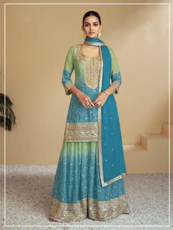 Sunny Sky Blue Color Chinon Digital Print With Mat Sequence Sharara Suit