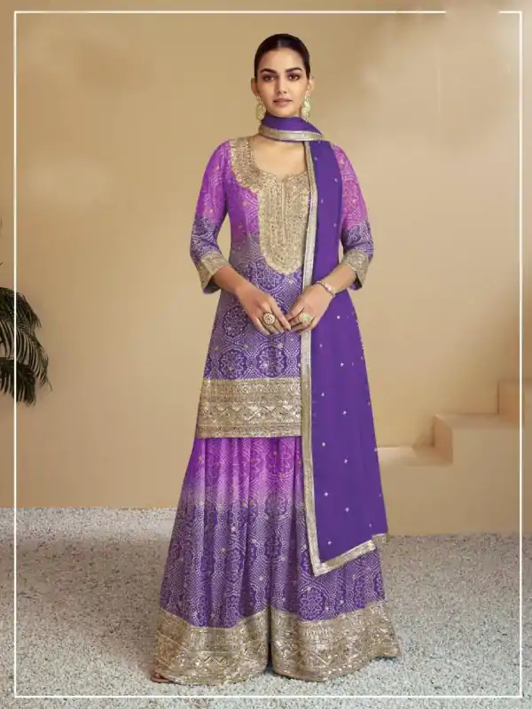 Warm Violte Color Chinon Digital Print With Mat Sequence Sharara Suit