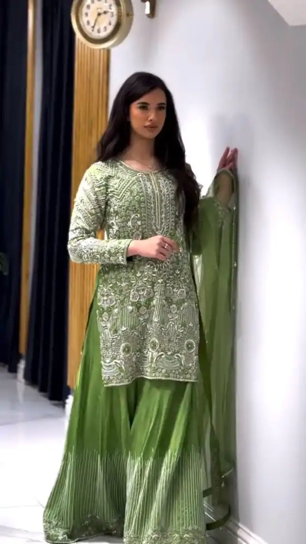 Green Chinnon Silk Embroidery Sequence With Moti Work Salwar Suit