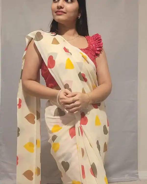 Half White Soft Georgette Silk Digital Print Heart Design Saree