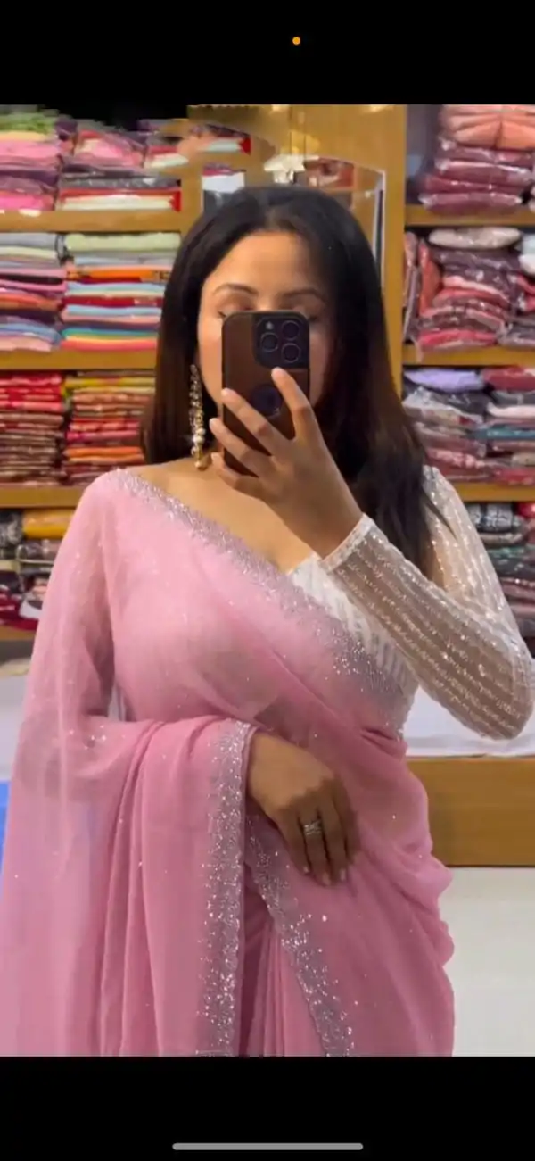 Amazing Light Pink Georgette Hot Fix Stone Work Saree