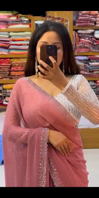 Amazing Onion Color Georgette Hot Fix Stone Work Saree