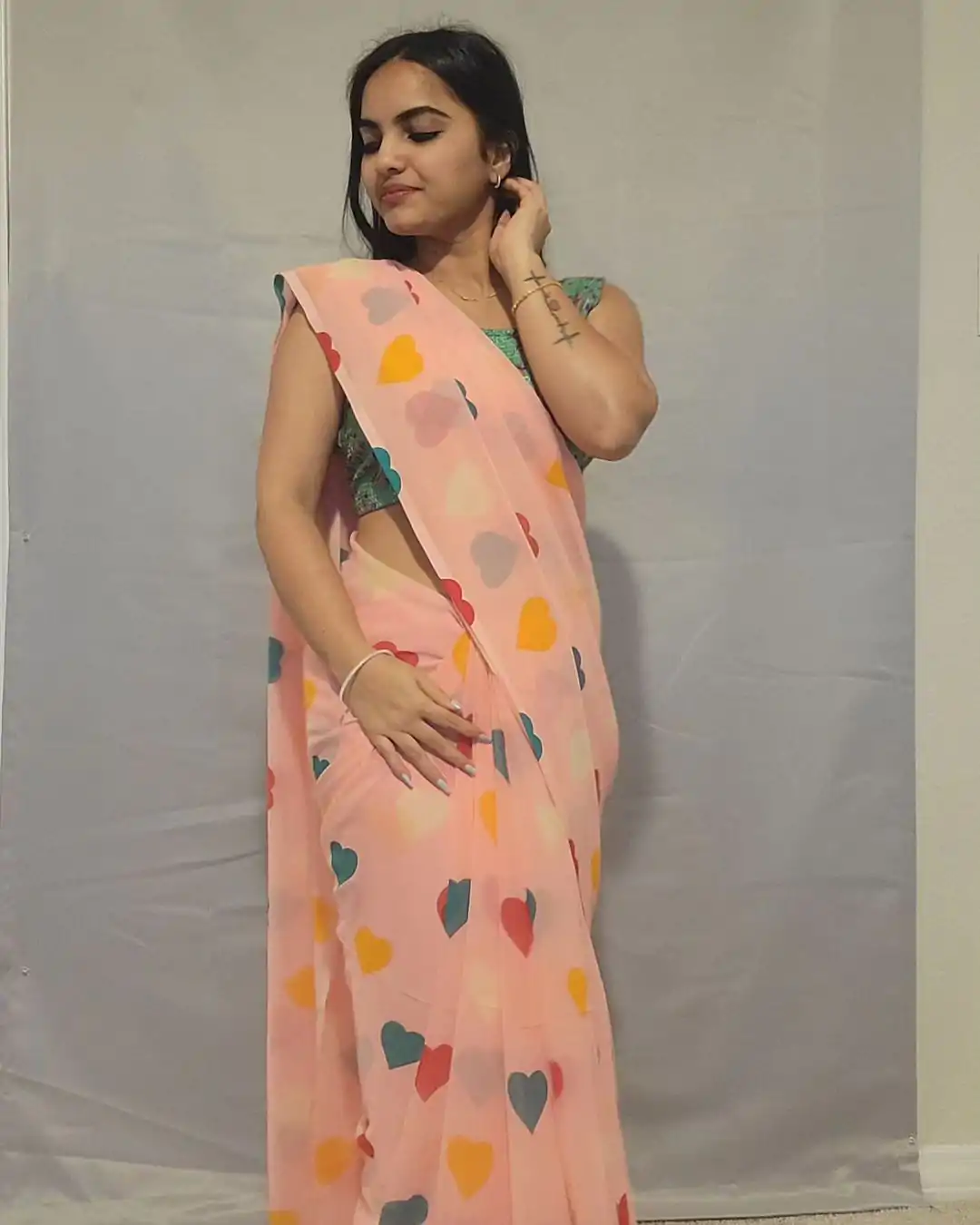 SC 215 Peach Color Soft Georgette Silk Digital Print Heart Design Ready To Wear Saree, Wedding, Festive, Events . Expected Delivery  4-6 Working Days @1499/                                                                                                                                            | Sarees, Bollywood Sarees, Creative Sarees, Designer Sarees, Embroidered Sarees, Ethnic Saree, Modern Digital sarees, Party Wear Sarees