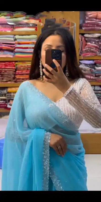 Amazing Sky Blue Georgette Hot Fix Stone Work Saree