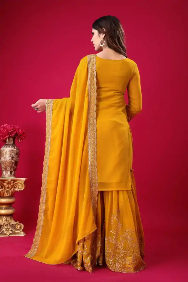 Yellow Faux Georgette Embroidery Sequence Thread Work Salwar Suit - Image 2