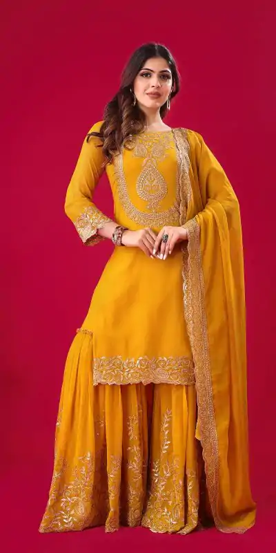 Amazing Yellow Color Faux Georgette With Embroidery Sequence Thread Work Salwar Suit
