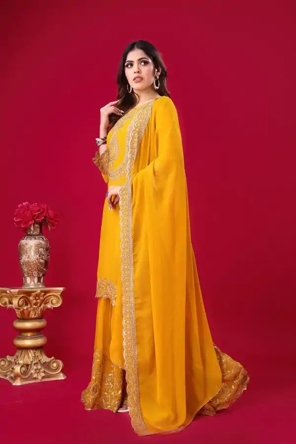 Yellow Faux Georgette Embroidery Sequence Thread Work Salwar Suit - Image 3