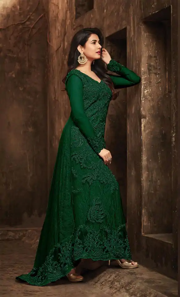 Green Football Net Embroidery Sequence Stone Coding Moti Work Salwar Suit