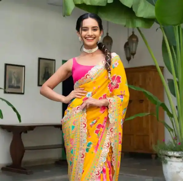 Yellow Chinon Printed Multied Embroidery Coding Sequins Lace Saree - Image 2