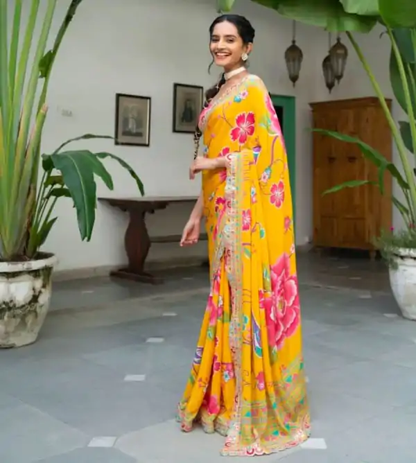 Yellow Chinon Printed Multied Embroidery Coding Sequins Lace Saree - Image 3