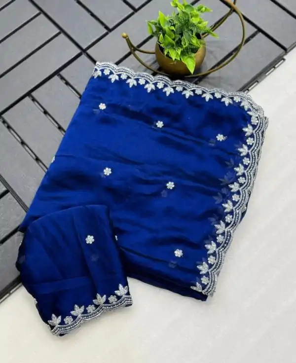 Blue Rangoli Chiffon Embroidery Cut Work Saree
