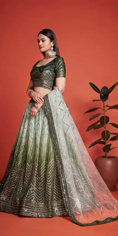 Green Chinon Embroidery and Sequins Lehenga Choli