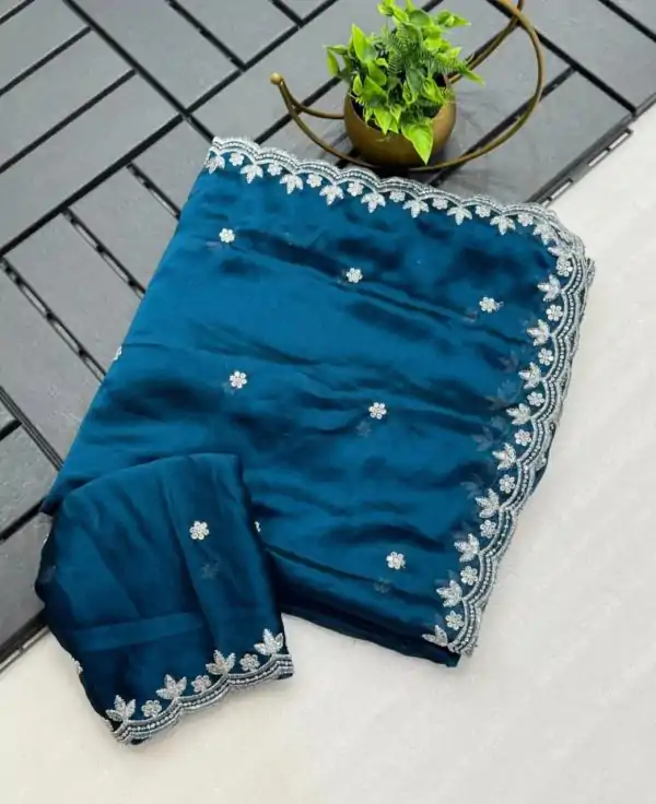 Peacock Blue Rangoli Chiffon Embroidery Cut Work Saree