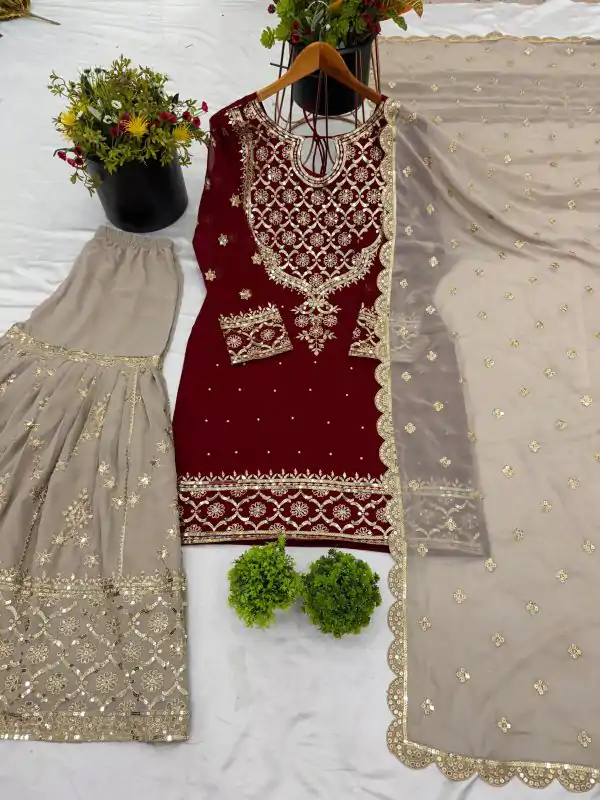 Red Faux Georgette Embroidery Sequence Thread Work Salwar Suit - Image 2