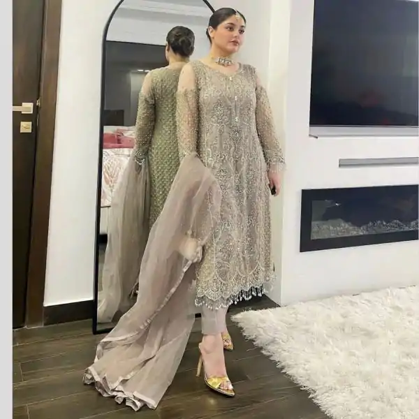 Cream Soft Net Embroidery Sequences Dimond Work Fancy Lass Salwar Suit - Image 2