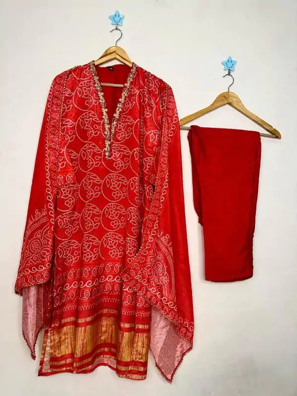 Red Chinon Silk Wide Digital Print Coding Work Salwar Suit - Image 2