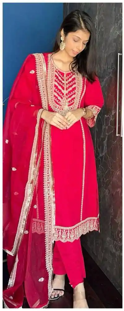 Red Chinnon Cording Sequences Embroidery Work Salwar Suit - Image 2