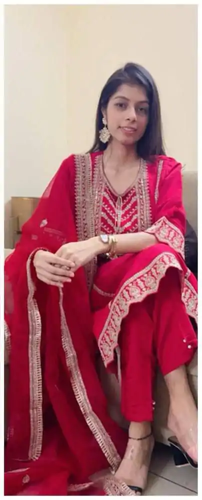 Red Chinnon Cording Sequences Embroidery Work Salwar Suit - Image 3