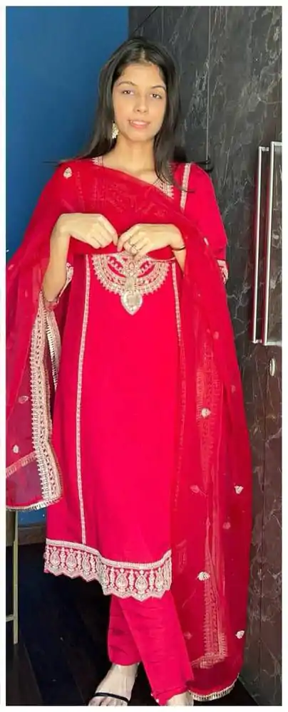 Red Chinnon Cording Sequences Embroidery Work Salwar Suit