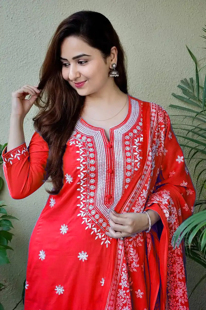 MF 1002 Red rayon cotton with embroidery work Salwar Suit Casual, Wedding, Party, Festive, Events Etc.4-6 Working Days@ 1449/-only | Jump Suits, Salwar suit, Casual Suits, Creative suits, Designer Suits, Palazzo Suits, Party Wear Suits, Patiala Suits, Straight Suits