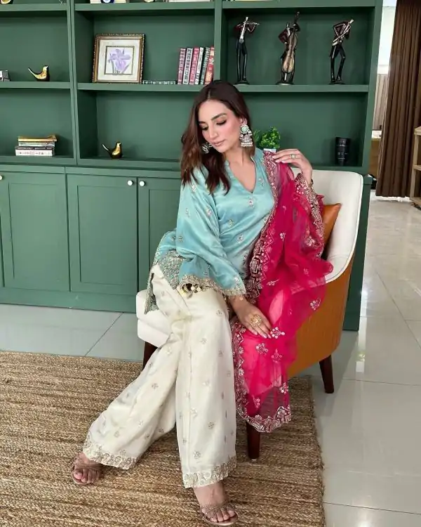 Sky Blue French Crepe Embroidery Sequins Work Salwar Suit