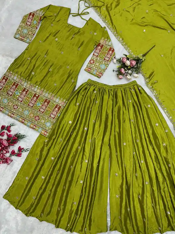Light Green Chinnon Silk Embroidery Work Salwar Suit - Image 2