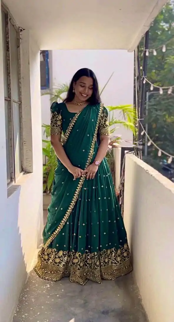 Bottle Green Georgette Embroidery And Sequins Work Lehenga Choli